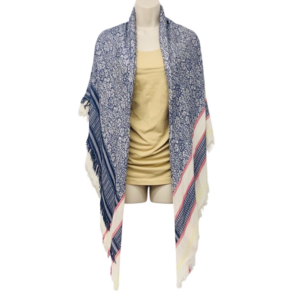 Large Fringed Shawl Blue Red Ivory Yellow Fringed Edges Large Loomed Weave